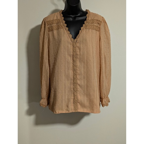 Long Sleeve Peach Blouse Crochet Trim Swiss Dot V Neck Top Boho Chic Size Large - Picture 1 of 4